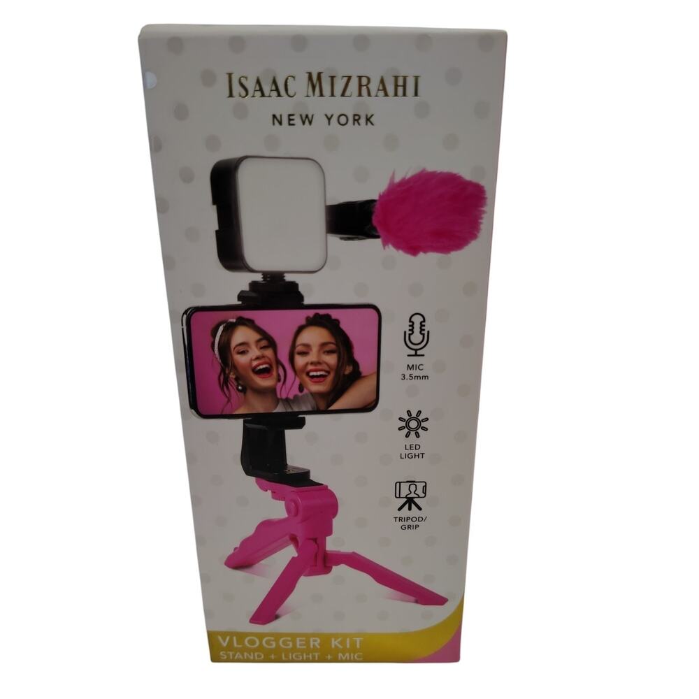 Isaac Mizrahi Vlogger Kit NEW Stand Light Mic Tripod Grip LED Pink